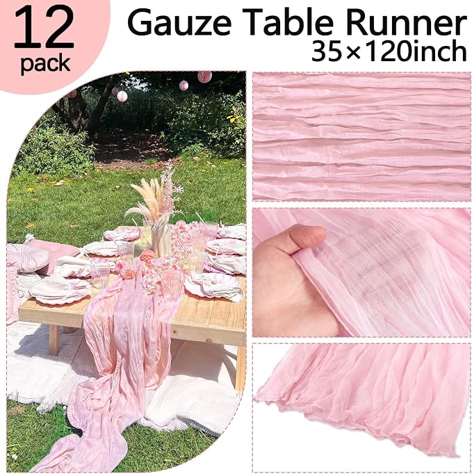 12 Pack Pink Cheesecloth Table Runner 35 x 120 Inch | Boho Gauze Fabric - Image 4