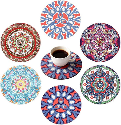 Round Coasters Set of 6,Non Slip Rubber Coasters for Drinks,Mandala Pattern Design Coaster for Coffee Table Wine Glass Home Bar 4.7 Inch