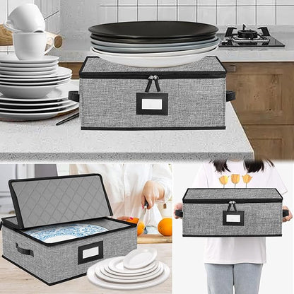 Quilted Platter Storage Case 2PACK-Fine China Storage Containers Hard Shell for Organizing,Stackable Plate Storage Containers with 8 Felt Dividers,dinnerware Storage,Moving Box,Moving Supplies
