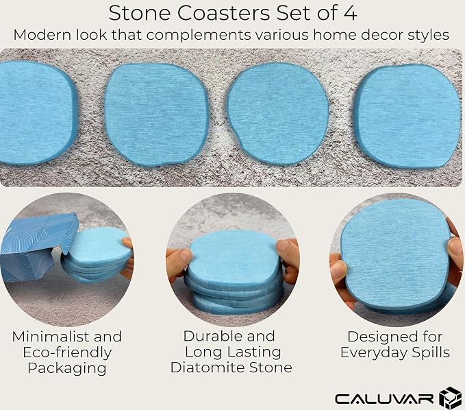 Stone Coasters Set of 4 Ocean Blue, Absorbent Diatomaceous Earth Coastal Decor - Image 3