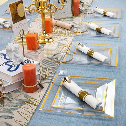 DaYammi 175 PCS Clear Gold Plastic Plates,Gold Plastic Dinnerware Sets,Includes: 25 Dinner Plates,25 Salad Plates,25 Pre Rolled Napkins with silverware,25 Cups 9 OZ, Perfect for Wedding and Party