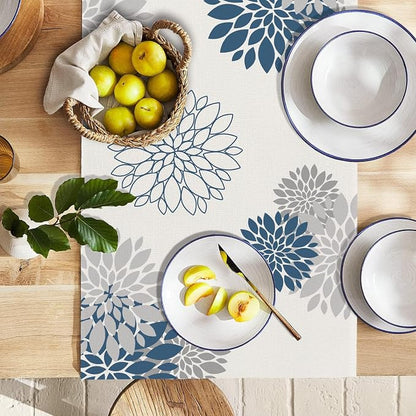 Blue Gray Table Runner Dahlia Pinnata Flower Beige Table Runners Modern Elegant - Image 3