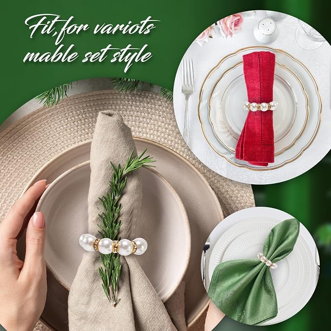 200 Pcs Pearl Napkin Rings, Exquisite Gold Napkin Rings Bulk, Suitable - Image 3