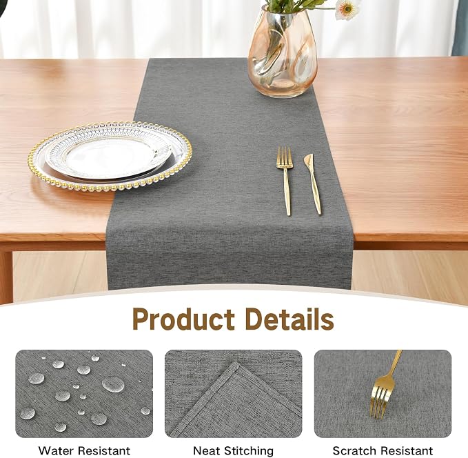 Faux Linen Table Runner Water Resistant 13 x 48 in, Charcoal | Farmhouse Rustic - Image 3