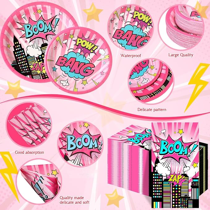 Funnymoom 250 Pcs Girl Hero Birthday Decoration Pink Comic Girl Hero Paper - Image 2
