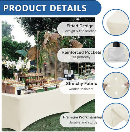 Spandex Table Cloths for 6 Foot Rectangle Tables-8 Pack Fitted Stretch Cream Table Covers-Elastic Folding Tablecloths for Party, Vendor Booth Display, Banquet Buffet Event, Craft Trade Show