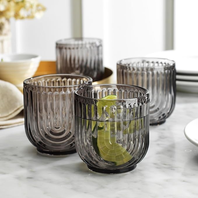 Glaver's 8 Piece Smoke Glassware Set, Art Deco Black Drinking Glasses, Ribbed - Image 7