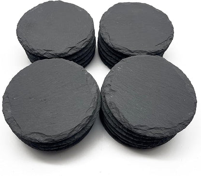 48 Pack 4 inch Round Slate Coasters,Handmade Natural Rough Edge,with Integral Anti-Skid pad,Laser Engraving Blanks,Stone Coasters