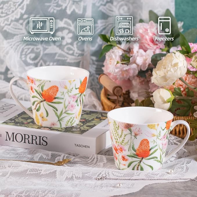 KAMMAK Bone China Coffee Mugs, 16oz Floral Tea Cups - Image 3