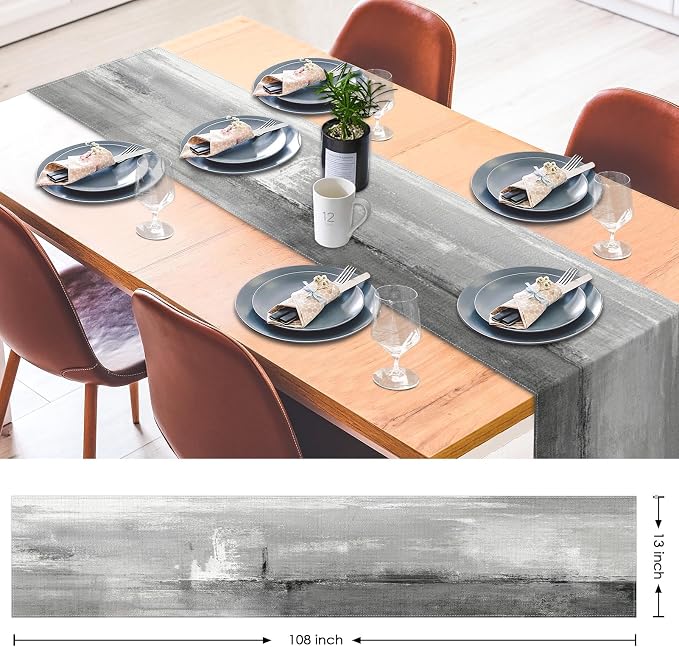 Emvency Table Runner, 13x72 Inch, Abstract Farmhouse Painting | Art Grey Dining - Image 2