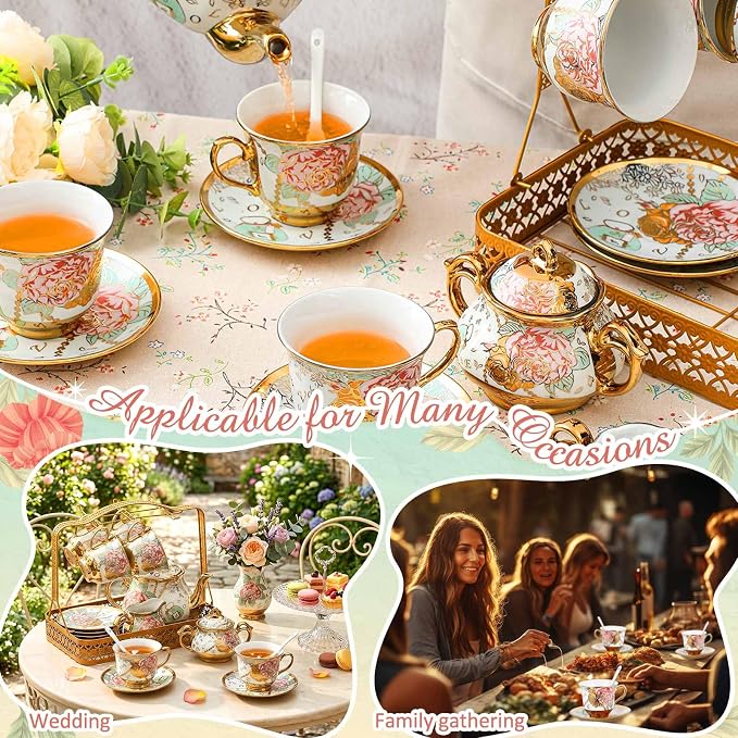 22 Pcs Porcelain Tea Set with Metal Holder, Vintage European Floral Tea Set - Image 6