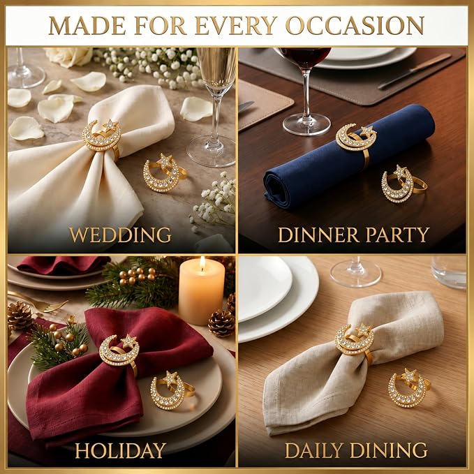 Gold Napkin Rings Set of 12 – Moon & Star Design – Elegant Napkin Ring Holders - Image 7