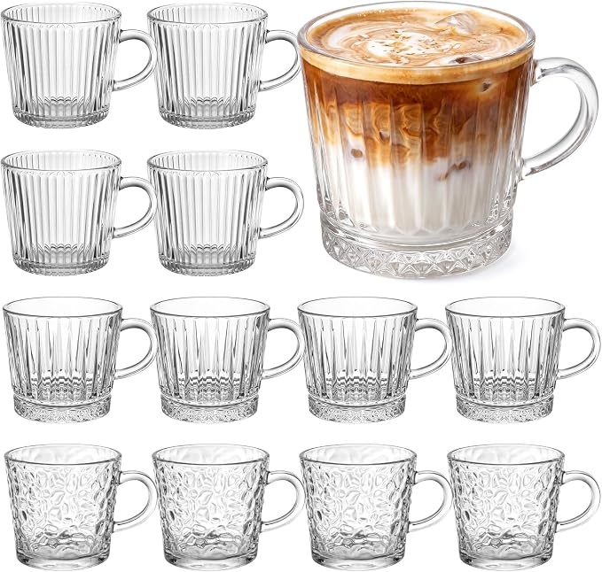 12 Pack Glass Coffee Mugs with Handle 8.5 oz Classic Vertical Stripes Glass by Yetene