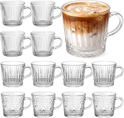 12 Pack Glass Coffee Mugs with Handle 8.5 oz Classic Vertical Stripes Glass by Yetene