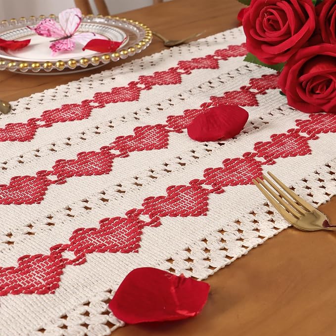 Macrame Table Runner Beige and Red Heart Table Runners - Image 7