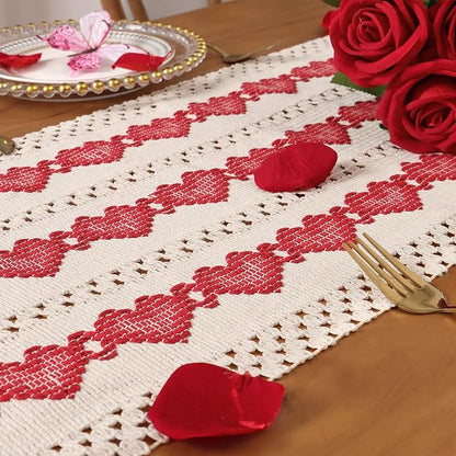 Macrame Table Runner Beige and Red Heart Table Runners - Image 7