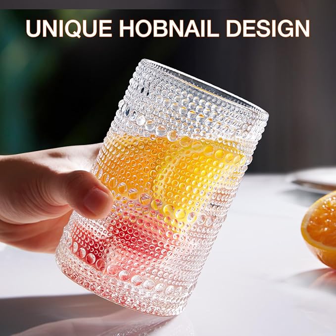 Hobnail Drinking Glass Set of 8, 4 Highball Glasses 15oz, 4 Rocks Glass 12oz | - Image 5