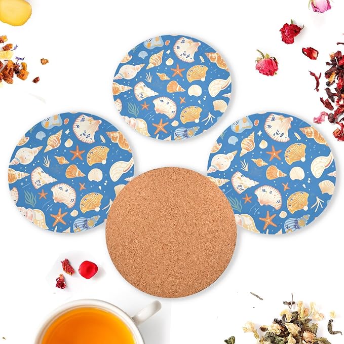Seashells Different Shapes and Starfish Aesthetic Coaster 4 Pcs Corkboard - Image 6