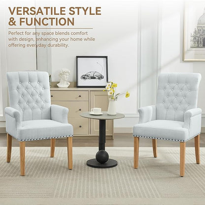 Fabric Dining Chair with Arms, Upholstered Tufted High Back Dining Room Chairs, Accent Armchair with Solid Wood Leg and Nailhead Trim, Kitchen Dining Living Room, Sky Blue