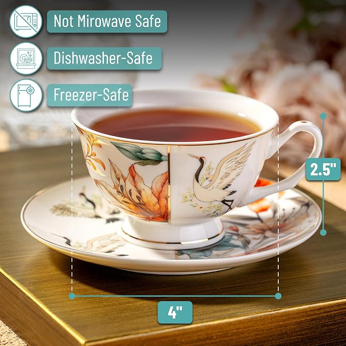 BTaT- Floral Tea Cups and Saucers Set of 4, Porcelain Tea Cup Sets - Image 3