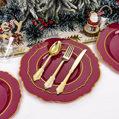 Liacere 350PCS Red Plastic Plates-Disposable Burgundy Red and Gold Plates 50guest Baroque Plastic Dinnerware include 100Plates, 50Pack Pre Rolled Napkins with Silverware 50Cups for Christmas