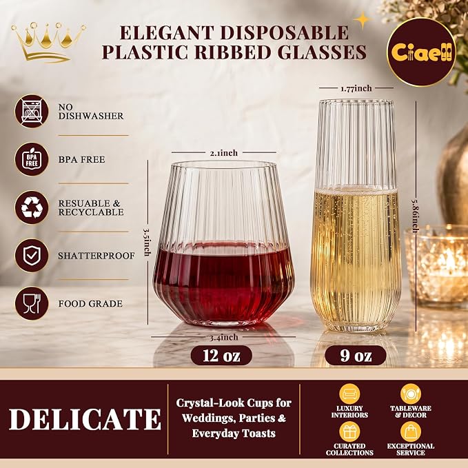 Ciaell 48 Pack Ribbed Plastic Wine Glasses & Champagne Flutes - Image 6