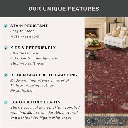 5x7 Boho Dark Red Rug for Living Room - Vintage Oriental Revival Low-Pile Carpet for Bedroom, Dining Table, Home Office, Machine Washable Area Rug Non-Slip with Rubber Back