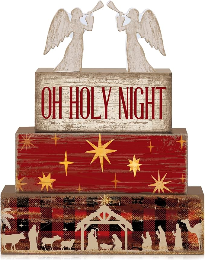 Moucuny 4 Pcs Wooden Christmas Nativity Tiered Tray Decor Rustic Wood Angel by Moucuny