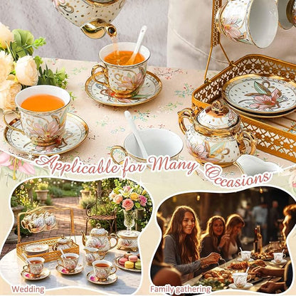 22 Pcs Porcelain Tea Set with Metal Holder, Vintage European Floral Tea Set - Image 6