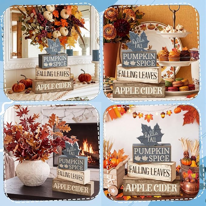 Moucuny 4 Pcs Fall Table Decoration Rustic Blue Maple Leaf Stacked Wooden Block - Image 6