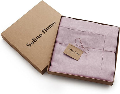 Solino Home Lilac Linen Tablecloth 60 x 132 Inch - 100% Pure Linen Hemstitch Table Cloth for Rectangle Tables - Classic Hemstitch, Machine Washable Tablecloth for Valentines, Spring, Easter