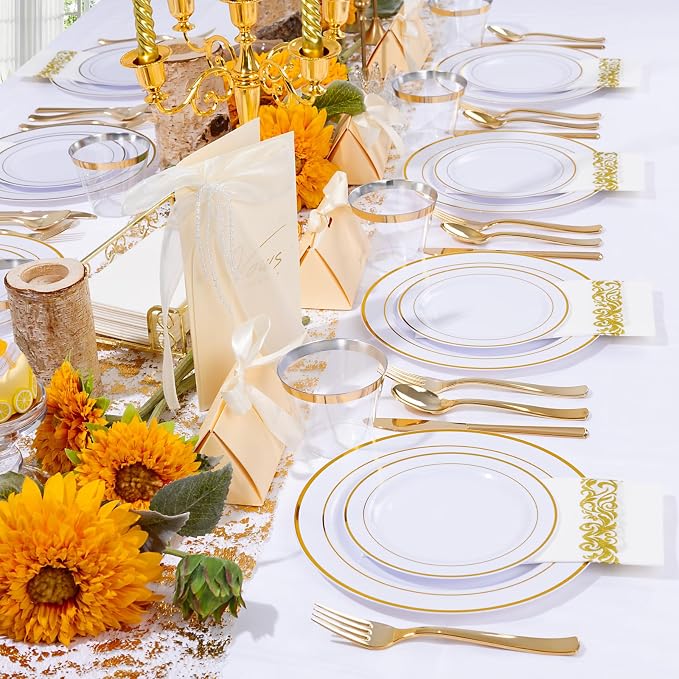 WELLIFE 700 Pieces Gold Plastic Dinnerware Set - Image 6