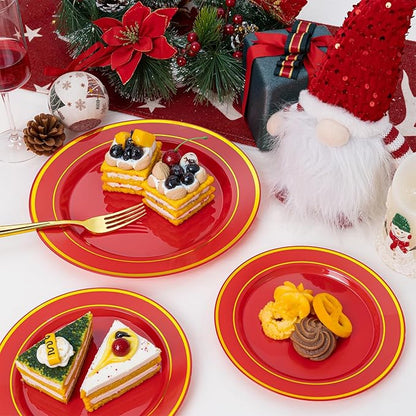 NOCCUR 200PCS Red Plastic Plates for 100 Guests - Include 100PCS 10" Dinner/ 100PCS 7" Dessert Plastic Plates Heavy Duty - Ideal for Wedding/Party/Valentines Day