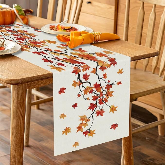 Fall Table Runner Maple Leaf Seasonal Autumn Burlap Table Decoration Holiday - Image 5