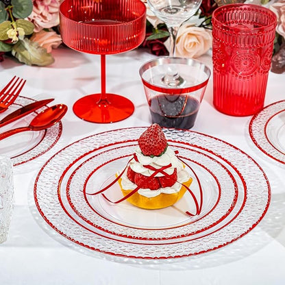 Ciaell 350 PCS Clear and Red Plastic Plates – Red Dinnerware Set for 50 Guests Include 100 Plastic Plates, 50 Pre Rolled Napkins with Cutlery Set, 50 Cups for Wedding & Party & Anniversary