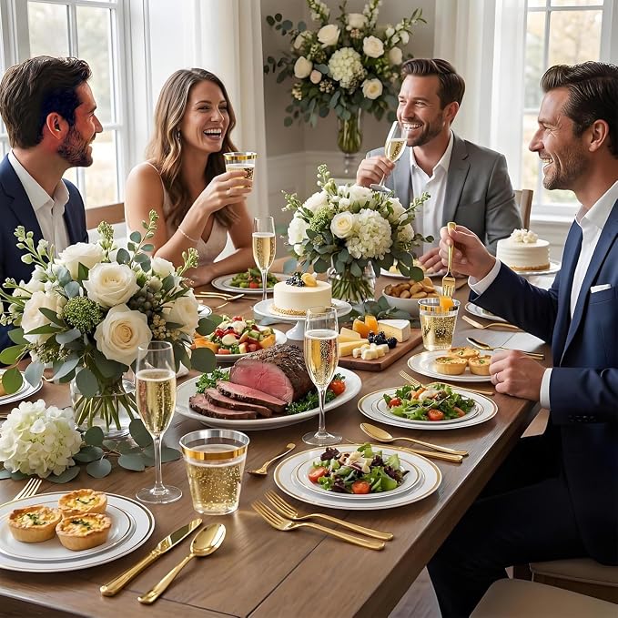 600PCS White and Gold Plastic Plates, Disposable Dinnerware Set | 100 Dinner & - Image 6