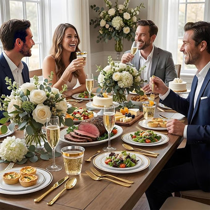 600PCS White and Gold Plastic Plates, Disposable Dinnerware Set | 100 Dinner & - Image 6