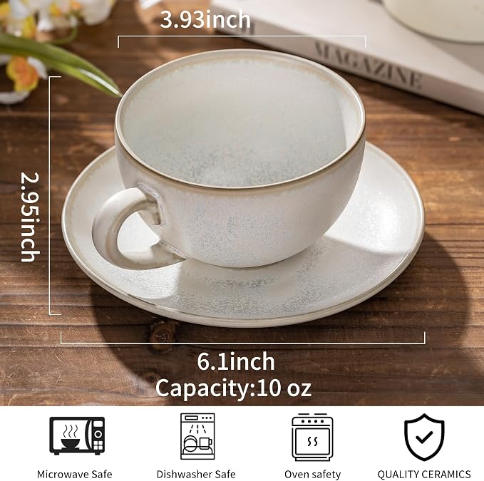 Porcelain Coffee Cup with Saucer, 10 oz Vintage Design Ceramic Latte Art - Image 4