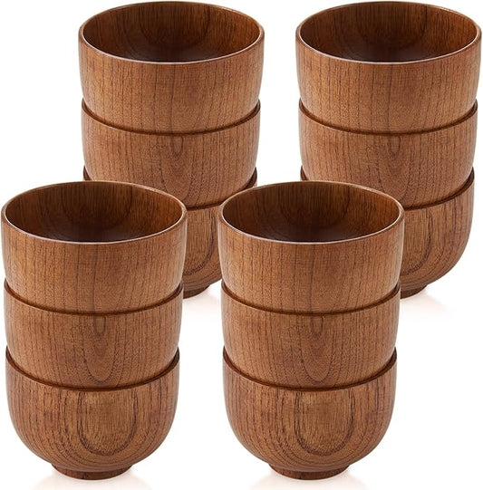 Tioncy 12 Pcs Acacia Wood Small Bowls 3.74 x 2.56 Inch Wooden Bowls Japanese Cups for Food Dipping Sauce Soup Salad Rice Serving Decorations Charcuterie Boards