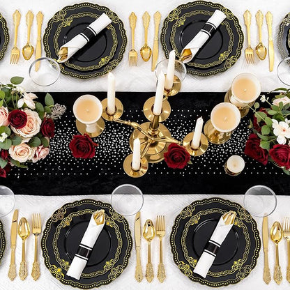 Ciaell 350 PCS Black Plastic Plates - Black and Gold Plates - Black Disposable Plates Include 100 Disposable Plate, 150 Heavy Duty Silverware, 50 Cups, 50 Napkins for Wedding & Party