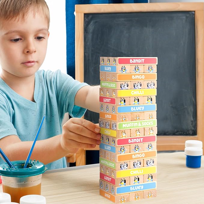 Bluey Tumbling Tower Game, 54 Illustrated Wooden Blocks, Ages 3+ - Image 7