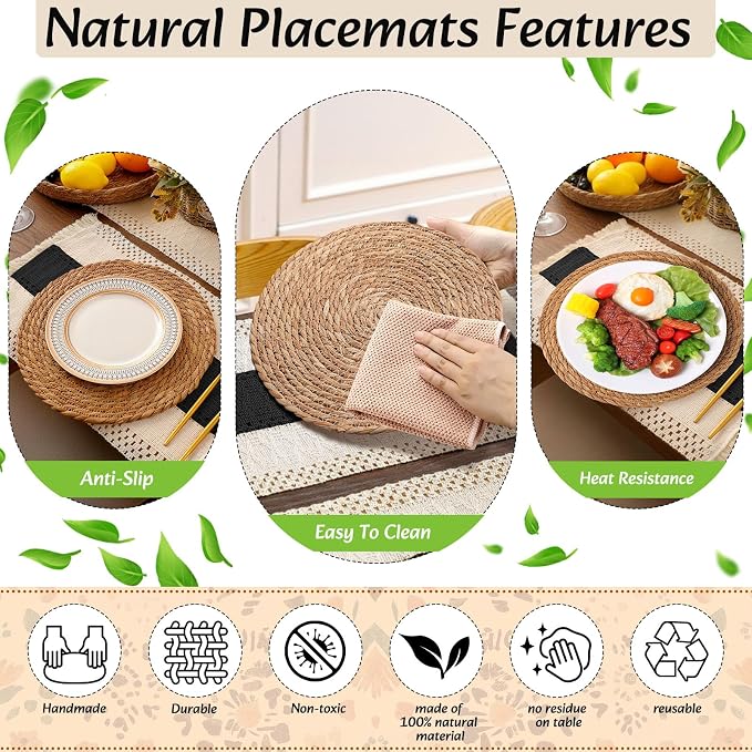 6 Sets Boho Decoration Placemats Round Woven Placemats, Cloth Napkins, Wood - Image 6
