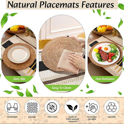 6 Sets Boho Decoration Placemats Round Woven Placemats, Cloth Napkins, Wood - Image 6