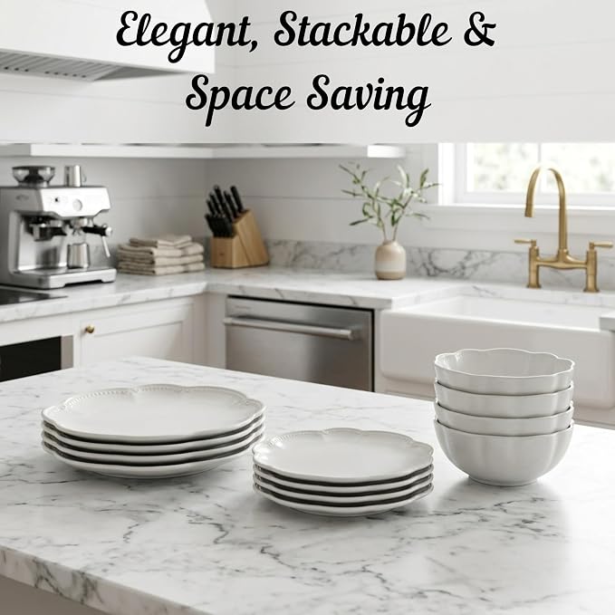 Sango Bethany 12 Pieces Scalloped White Plates & Bowls Set - Image 6