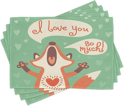 Ambesonne Lifestyle Place Mats Set of 4, I Love You So Much Fox Humor Romance Birthday Celebration Graphic Print, Washable Fabric Placemats for Dining Table, Standard Size, Mint Green