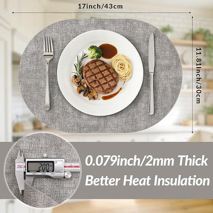 Placemats Set of 6, 11.8 x 17 Inch, Light Grey | Heat Resistant Oval Faux - Image 3