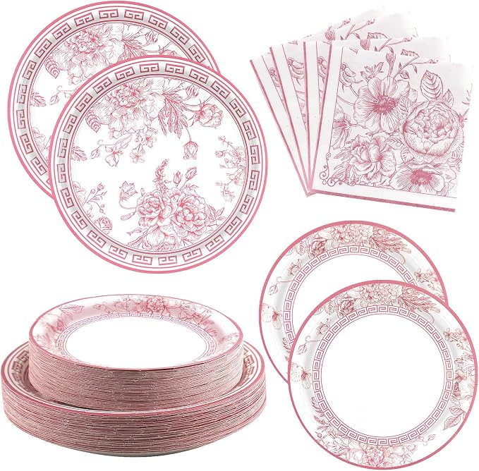 Pink White Floral Paper Plates and Napkins Party Supplies Serve 60 | 180PCS by Osonm