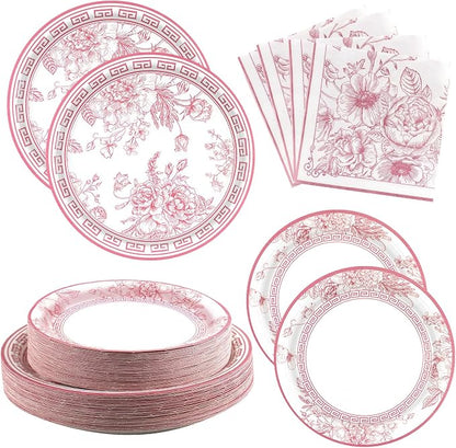 Pink White Floral Paper Plates and Napkins Party Supplies Serve 60 | 180PCS by Osonm