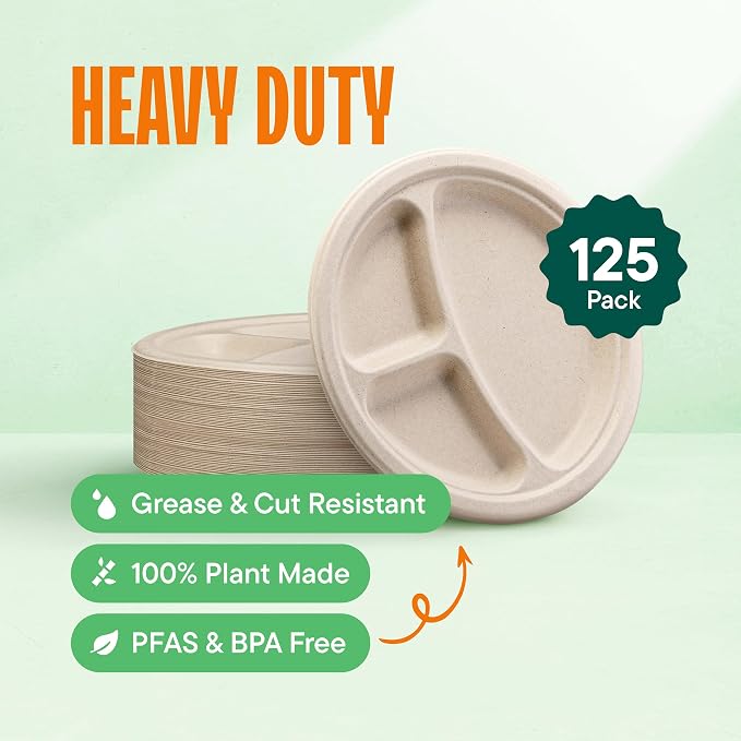 100% Compostable, 3 Compartment, Disposable Paper Plates - Image 2