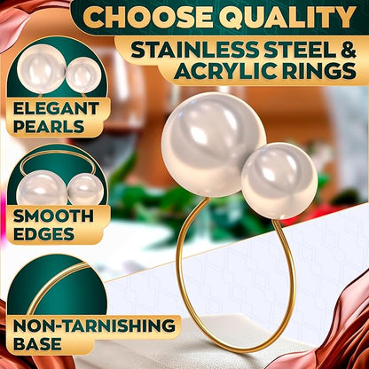 Gold Pearl Napkin Rings Set of 12 – Valentine Napkin Rings | Romantic Table Decor with Faux Pearls | Reusable, Metal & Scratch-Resistant Finish - for Weddings, Banquets, Holiday Dinners & Gift Giving